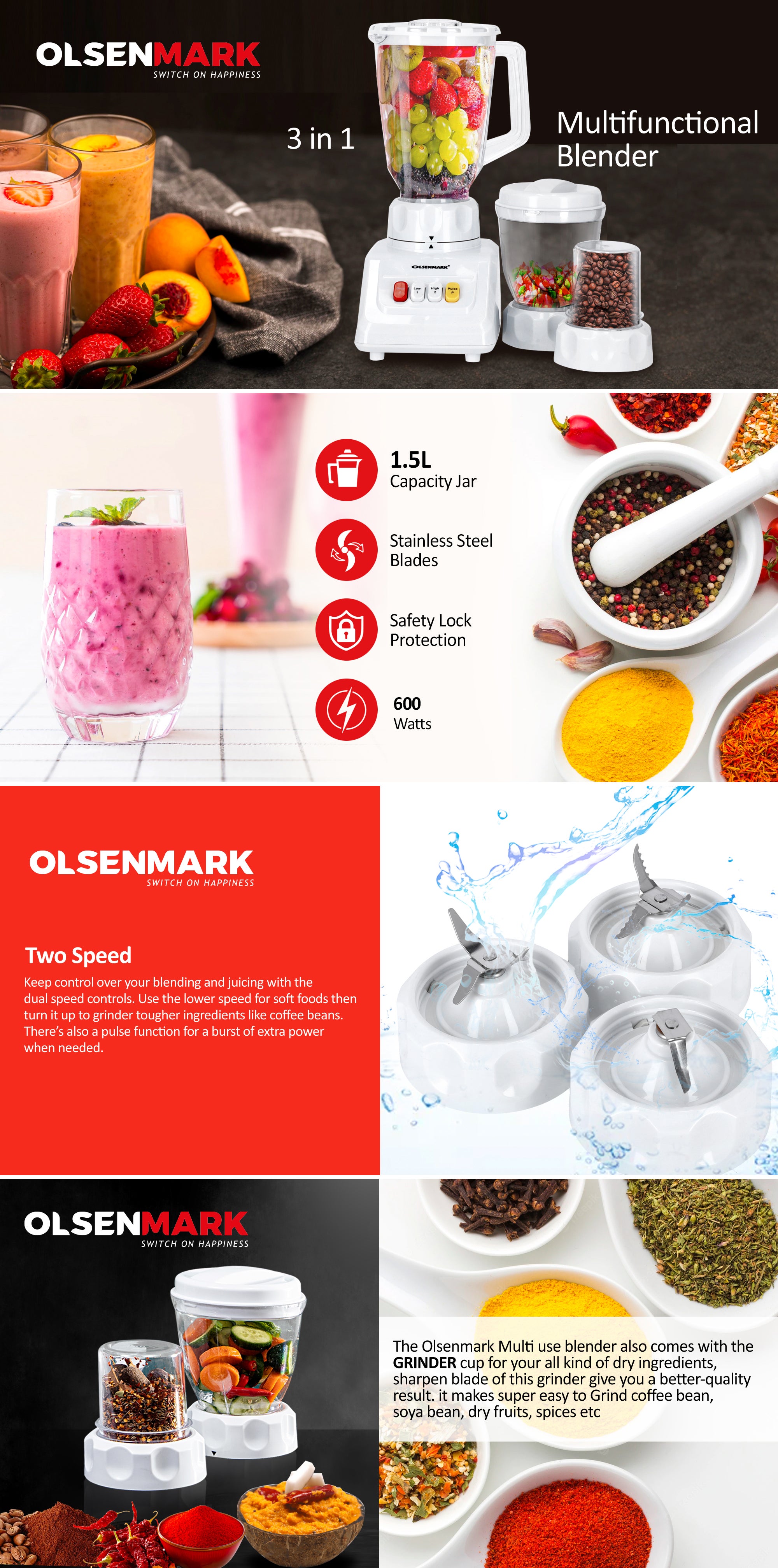 Multi-Functional 3 In 1 Blender, With 1.5 Liter Jar Capacity, Stainless Steel Blade & Housing, Overheat Protection, Multi-Functional Design For Blending, Grinding & Mincing, 2 Speed Function 1.5 L 600 W OMSB2054S White/Clear