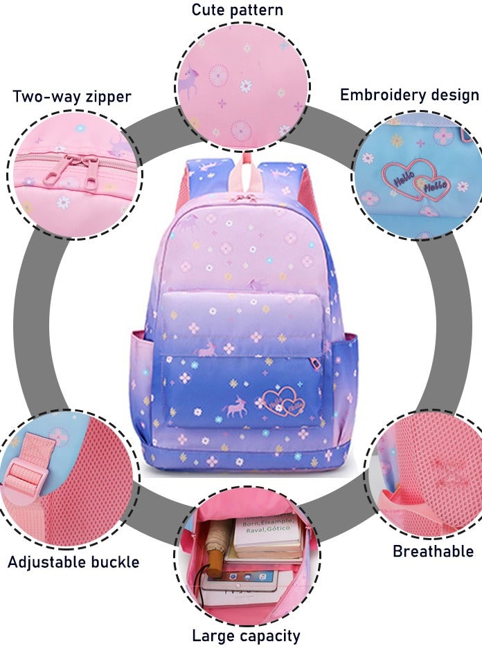 Set Of 3 Unicorn Printed Nylon Backpack Large Capacity Schoolbag and Shoulder Bag and Pencil Case for Kids/Girls Dark Purple/Pink
