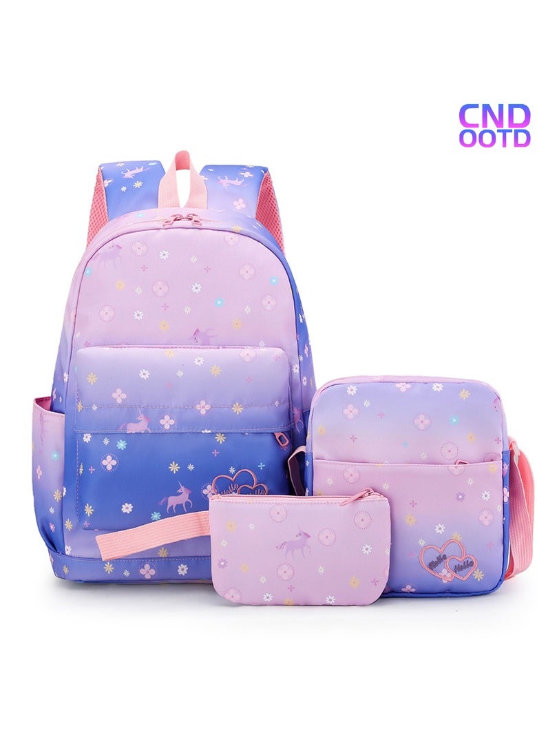 Set Of 3 Unicorn Printed Nylon Backpack Large Capacity Schoolbag and Shoulder Bag and Pencil Case for Kids/Girls Dark Purple/Pink