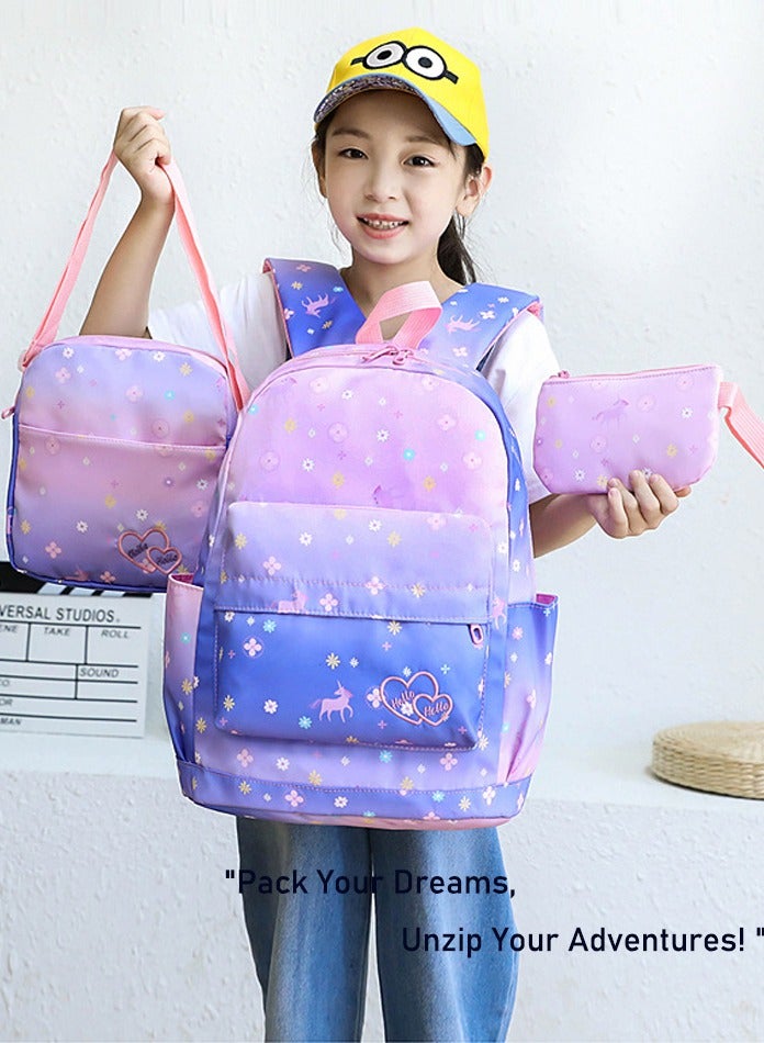 Set Of 3 Unicorn Printed Nylon Backpack Large Capacity Schoolbag and Shoulder Bag and Pencil Case for Kids/Girls Dark Purple/Pink
