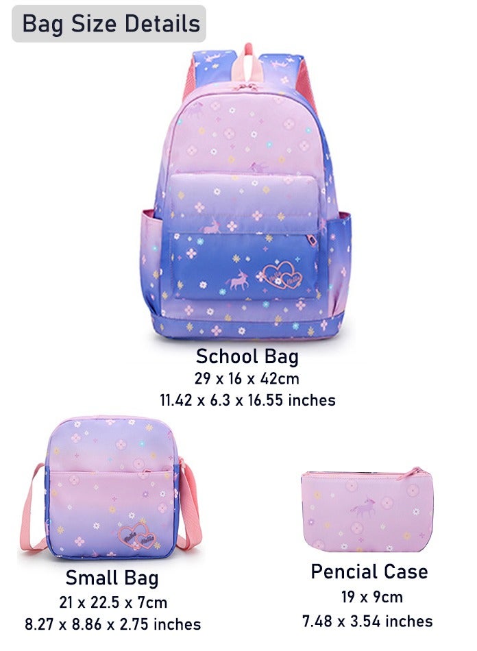 Set Of 3 Unicorn Printed Nylon Backpack Large Capacity Schoolbag and Shoulder Bag and Pencil Case for Kids/Girls Dark Purple/Pink