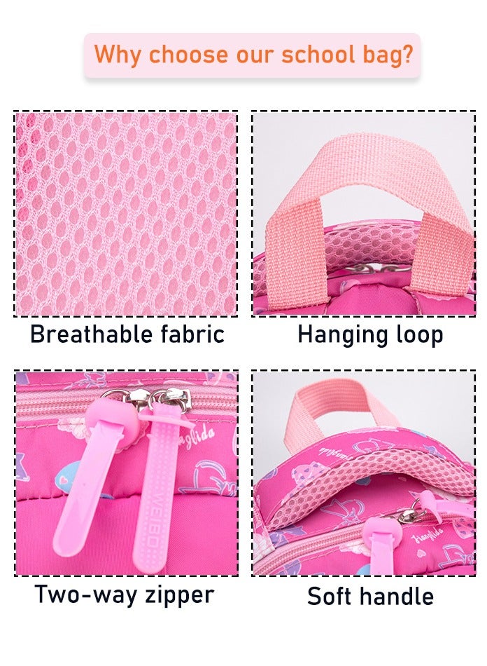 Set Of 3 Cat Printed Nylon Backpack Large Capacity Schoolbag and Shoulder Bag and Pencil Case for Kids/Girls Dark Pink