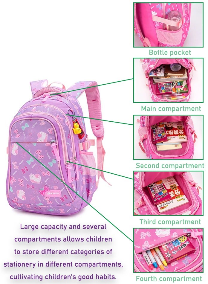 Set Of 3 Cat Printed Nylon Backpack Large Capacity Schoolbag and Shoulder Bag and Pencil Case for Kids/Girls Dark Pink