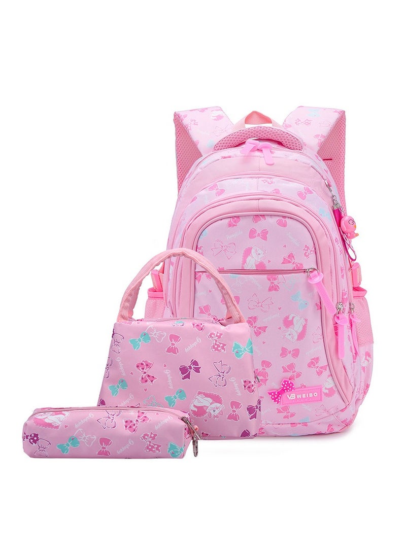 Set Of 3 Cat Printed Nylon Backpack Large Capacity Schoolbag and Shoulder Bag and Pencil Case for Kids/Girls Dark Pink