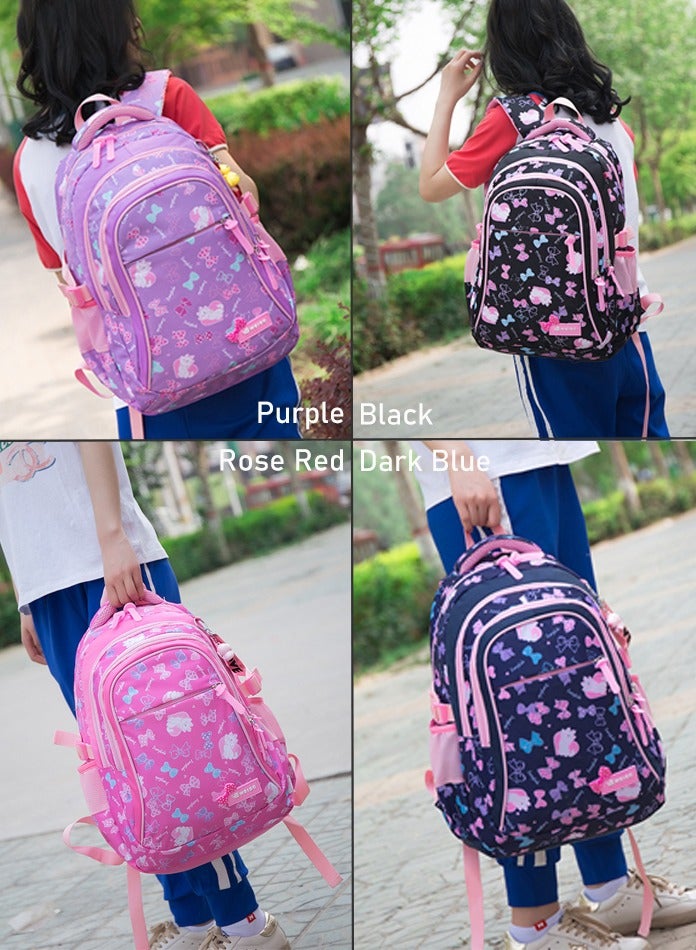 Set Of 3 Cat Printed Nylon Backpack Large Capacity Schoolbag and Shoulder Bag and Pencil Case for Kids/Girls Dark Pink