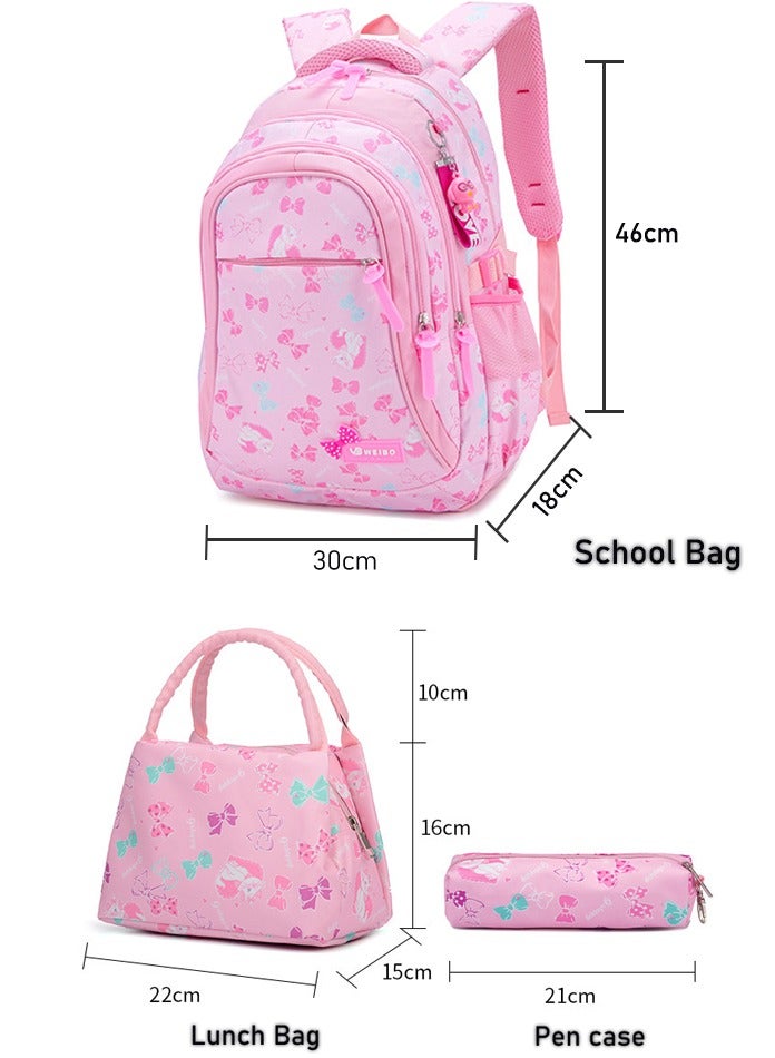 Set Of 3 Cat Printed Nylon Backpack Large Capacity Schoolbag and Shoulder Bag and Pencil Case for Kids/Girls Dark Pink