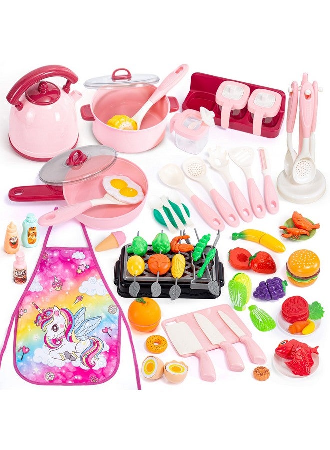 89Pcs Kids Kitchen Playset W/ Toy Pots Pans Unicorn Apron Bbq Grill Camping Cooking Playset Pretend Play Food Set Toy Vegetables Fruits Play Kitchen Accessories For Girls Toddlers Age 3+