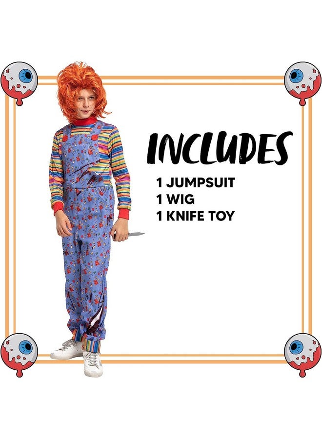 Halloween Killer Costume For Child Kids Play Blue Costume Jumpsuit And Wig Outfit(Medium (810Yr))