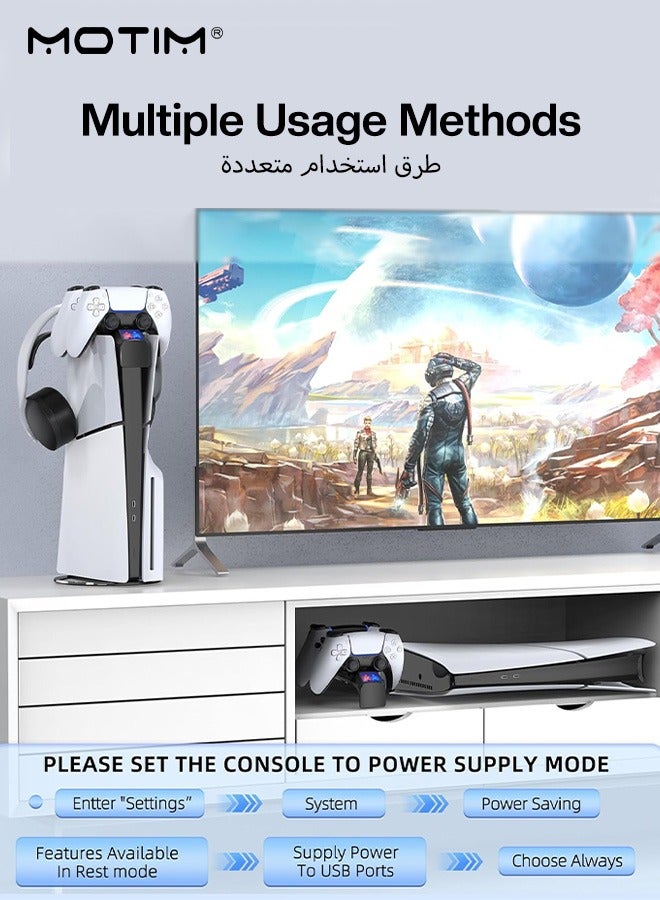 PS5 Slim Console DualSense Charging Dock with Headset Holder, PS 5 Slim Charging Station with LED Light and Fast Charging Cord, PS 5 Slim Controller Charger
