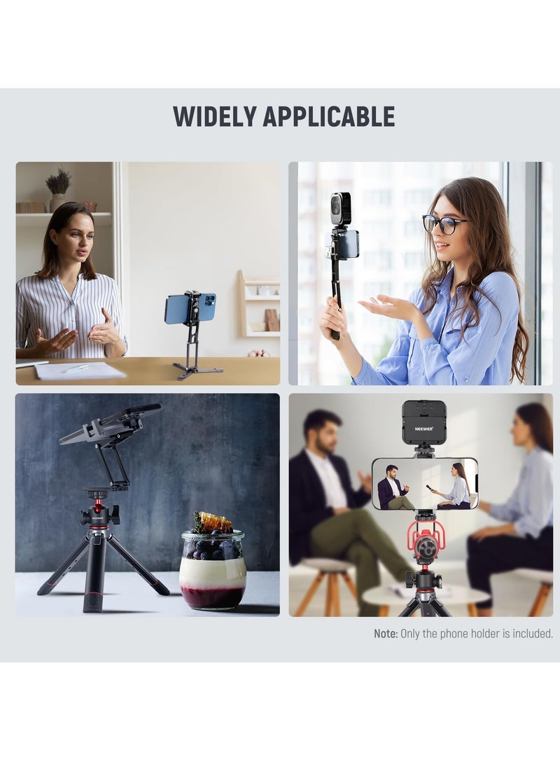 Universal Metal Phone Tripod Mount with Cold Shoes, 360 Rotating Adjustable Clip Holder, Multi-Angle Tri-Fold Cell Phone Holder, Desktop Tripod and Handheld Grip for Streaming Vlog