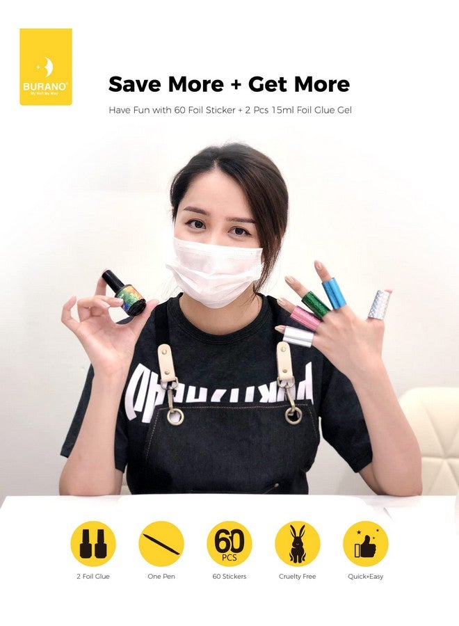 Nail Art Foil Glue Gel 15Ml 2 Bottles With 60Pcs Foils Sticker Nails Designer Adhesive Transfer Art Uv Led Lamp Required