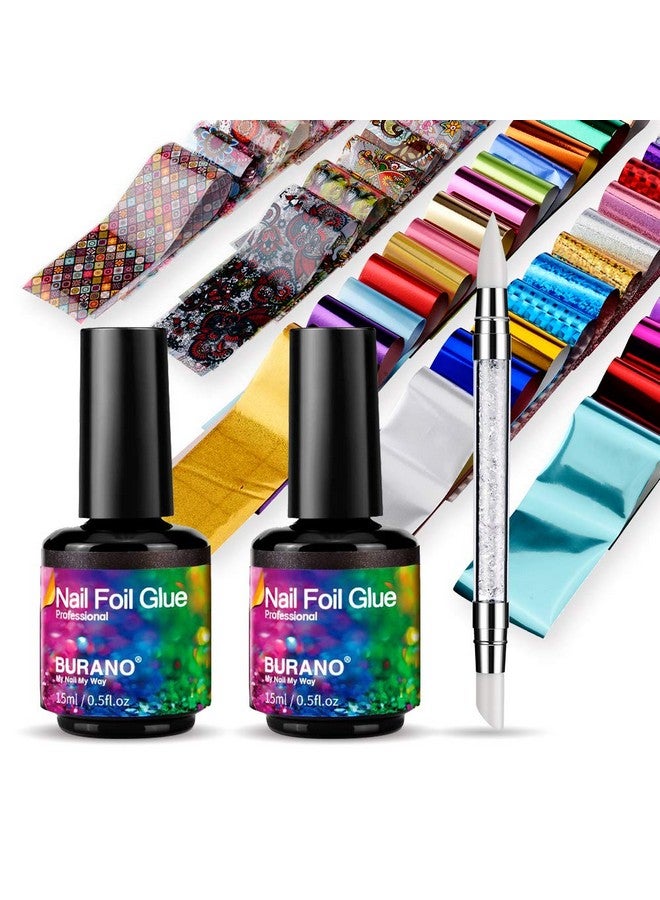 Nail Art Foil Glue Gel 15Ml 2 Bottles With 60Pcs Foils Sticker Nails Designer Adhesive Transfer Art Uv Led Lamp Required