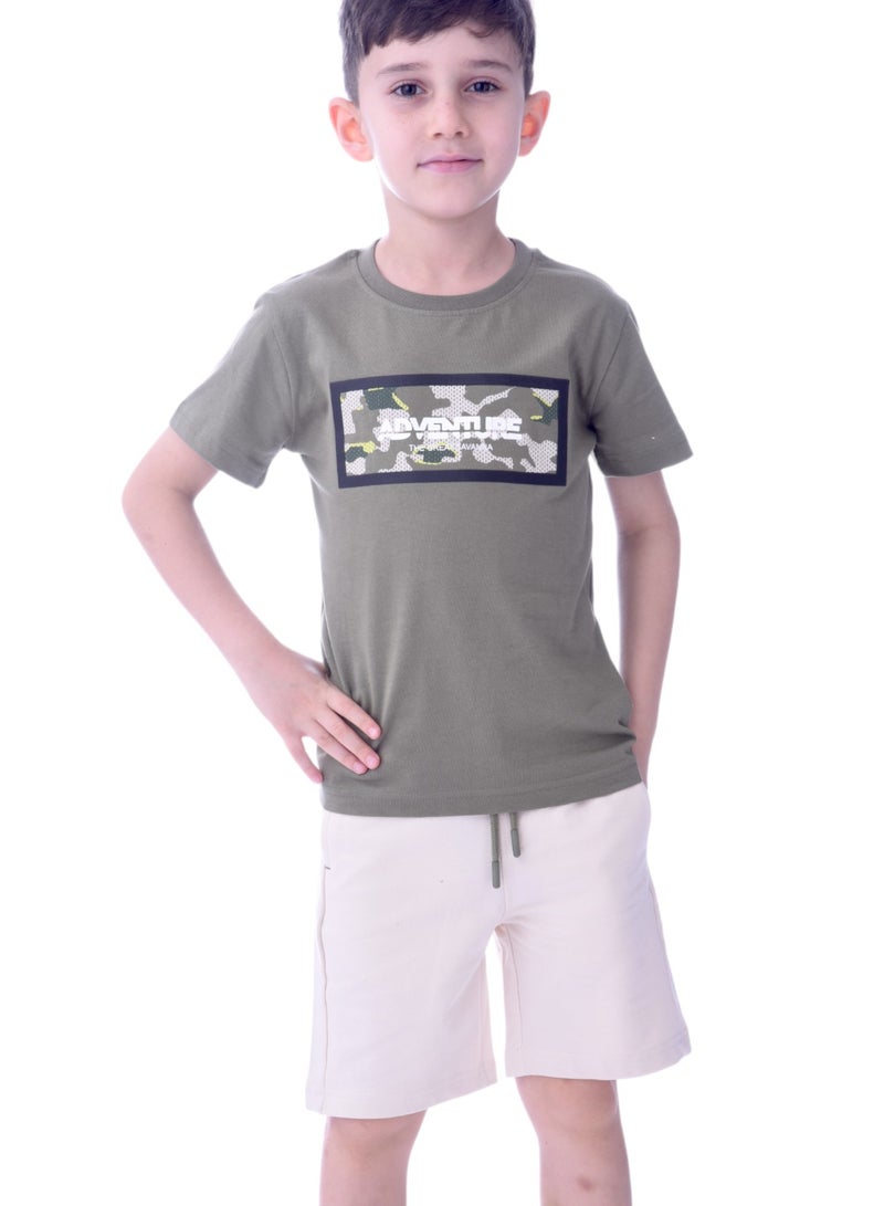 Kids Boys 2-piece Set - T-Shirts & Shorts -Olive and Cream (100% Cotton)