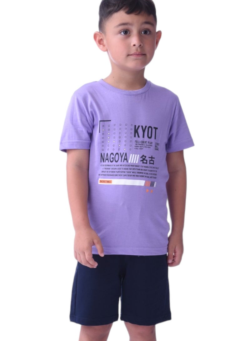 Kids Boys 2 piece Set (2-8 Years) - T-Shirts & Shorts -Lilac and Navy Blue (100% Cotton)