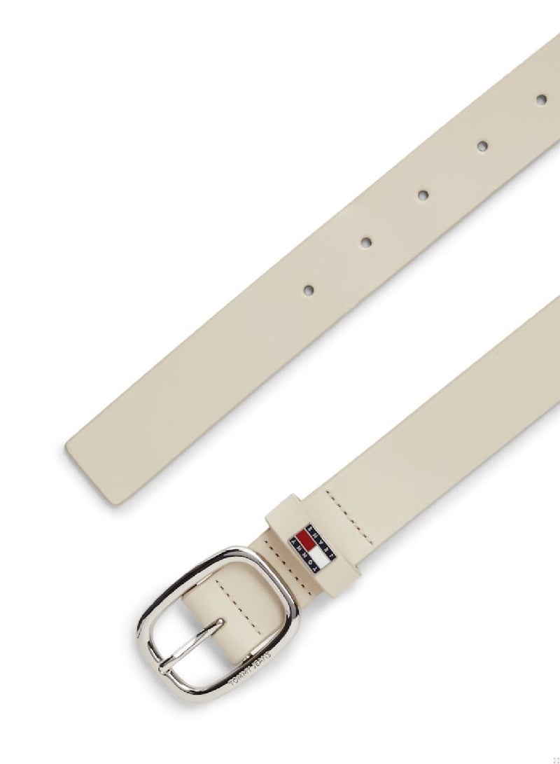 Women's Oval Buckle Leather Belt -  Vegetable tanned leather, Beige