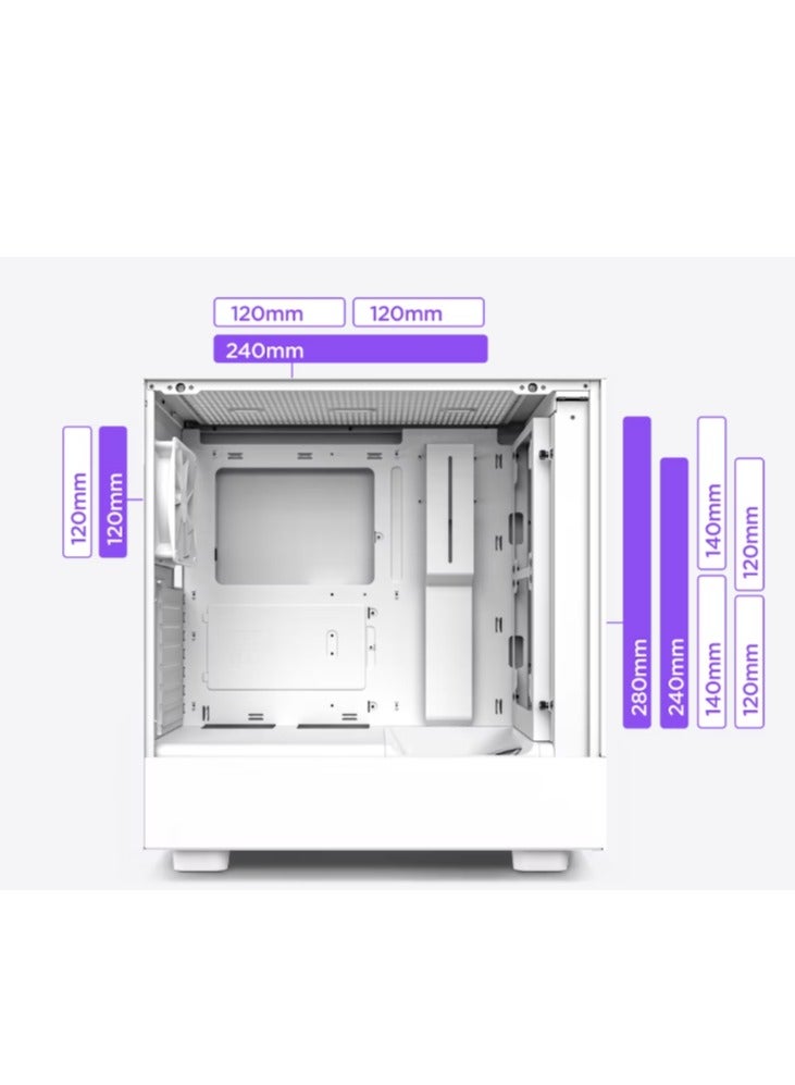 H5 Flow RGB Compact ATX Mid-Tower PC Gaming Case – High Airflow Perforated Front Panel Tempered Glass Side Cable Management 2 x F140 Core Fans 280mm Radiator Support White