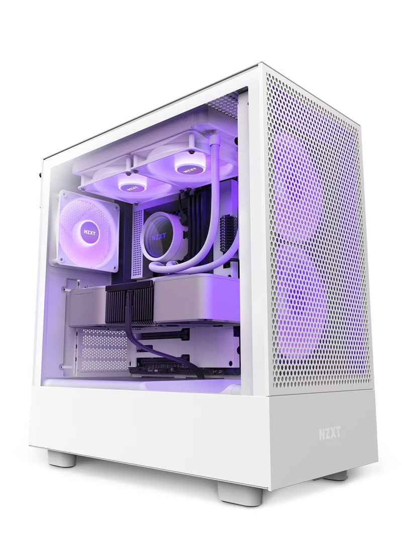 H5 Flow RGB Compact ATX Mid-Tower PC Gaming Case – High Airflow Perforated Front Panel Tempered Glass Side Cable Management 2 x F140 Core Fans 280mm Radiator Support White