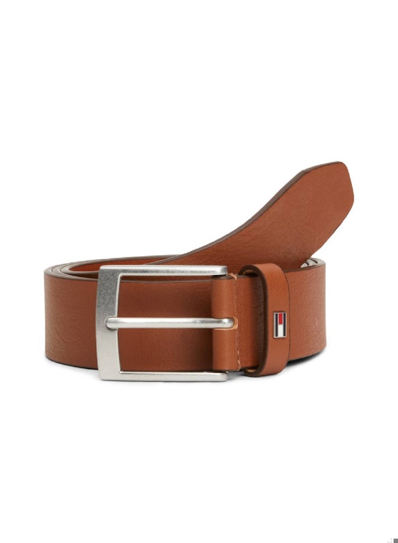 Men's Enamel Flag Smooth Leather Belt -  Leather, Brown