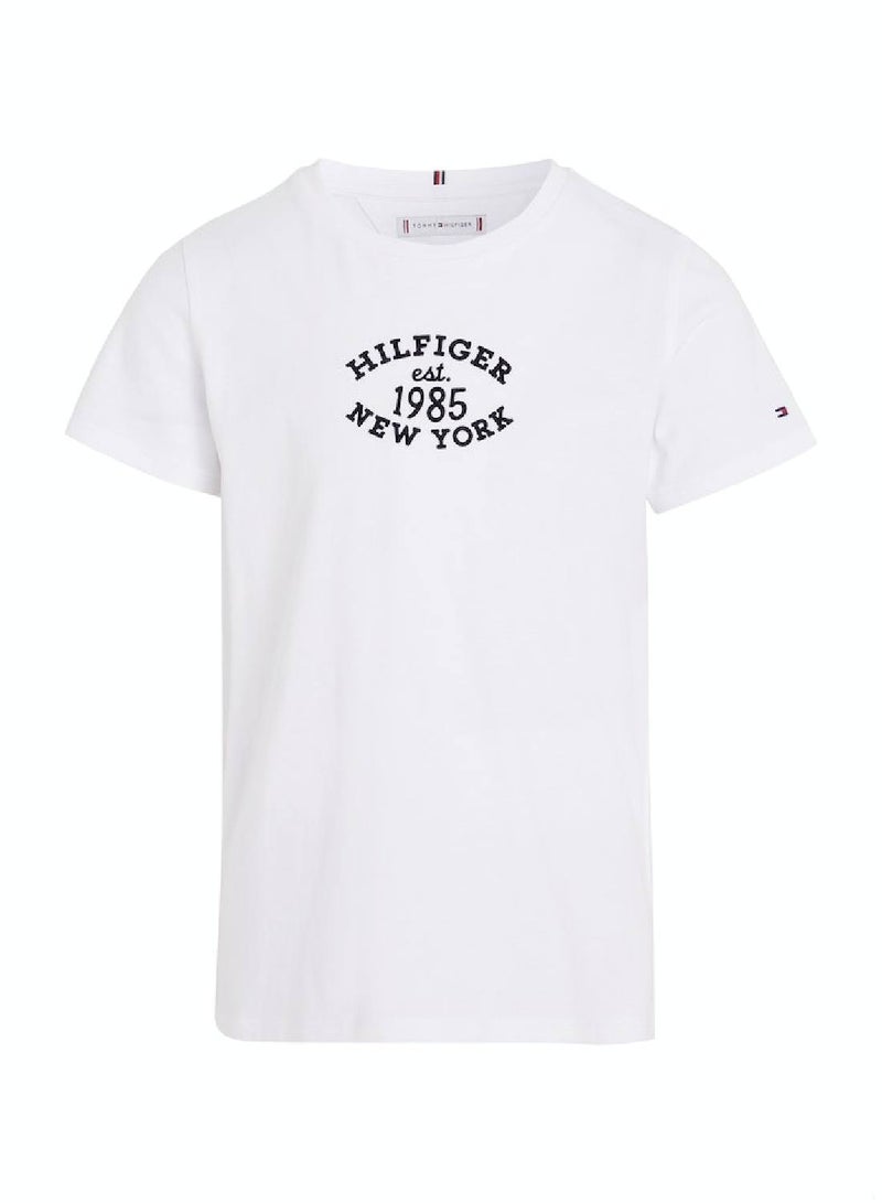 Girls' Hilfiger Monotype Flock Logo Slim T-Shirt -  Cotton blend vintage jersey, White