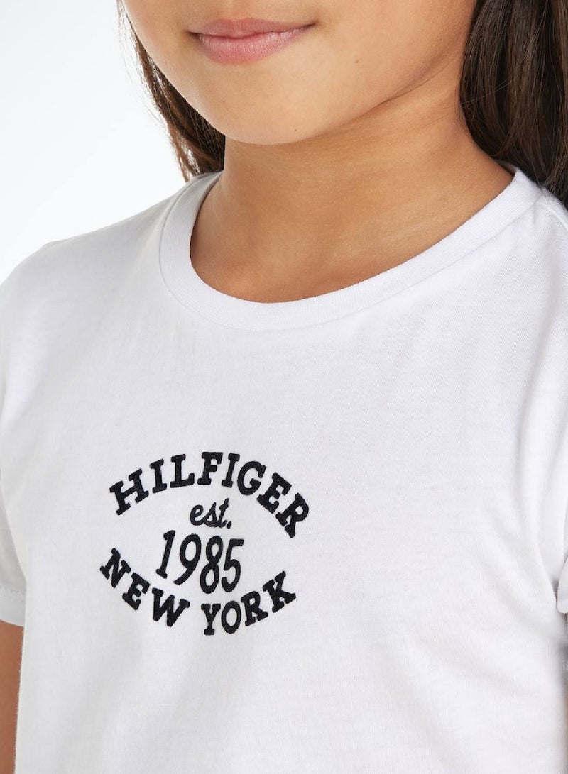 Girls' Hilfiger Monotype Flock Logo Slim T-Shirt -  Cotton blend vintage jersey, White