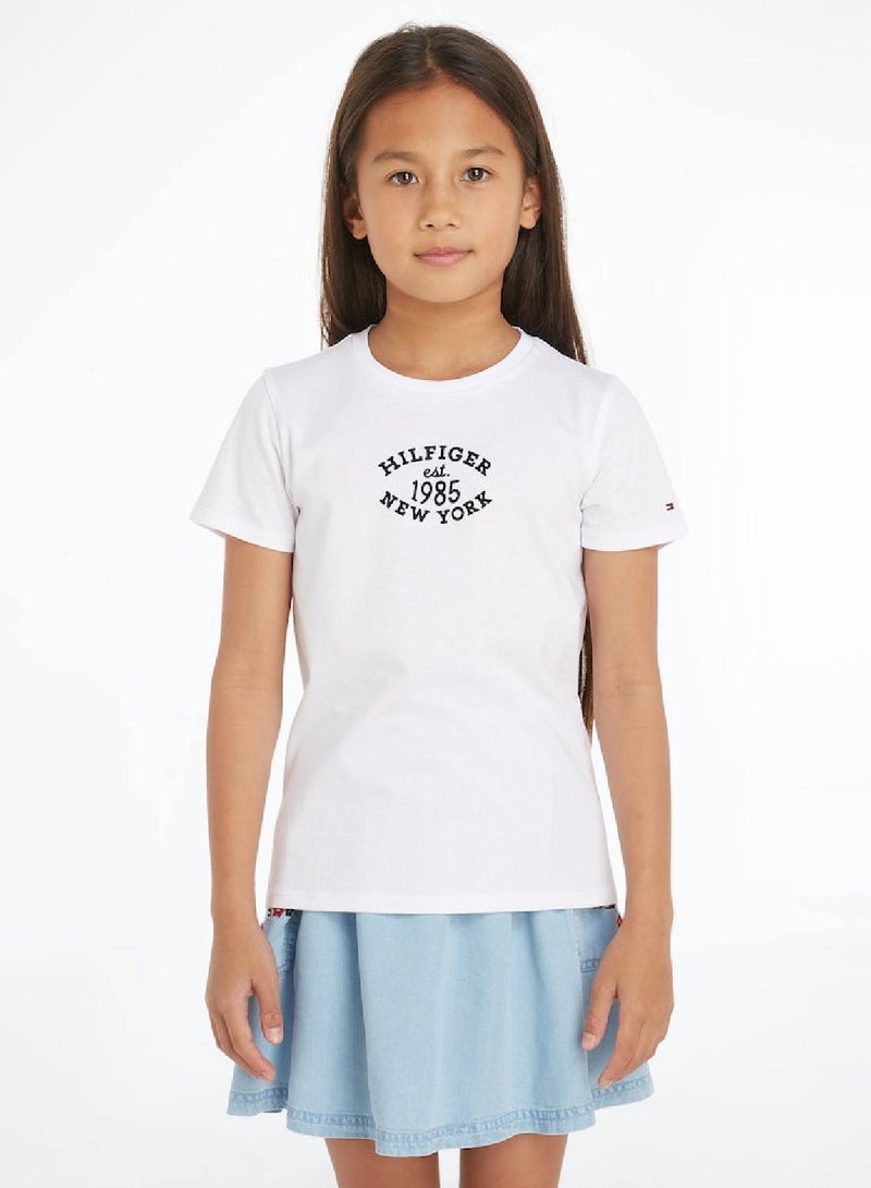 Girls' Hilfiger Monotype Flock Logo Slim T-Shirt -  Cotton blend vintage jersey, White