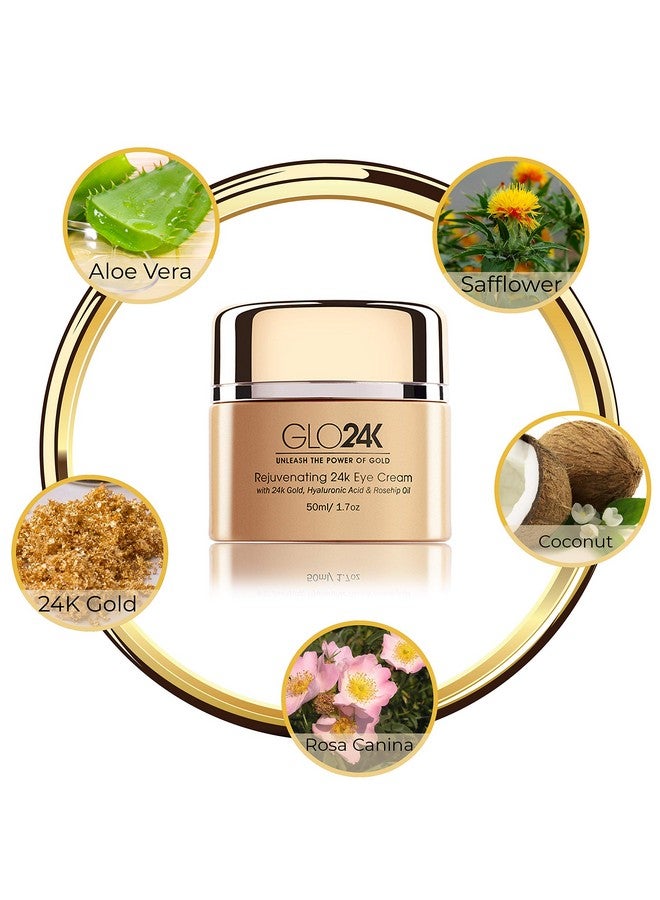Glo24K Eye Cream With 24K Gold Hyaluronic Acid Rosehip Oil And Vitamins. Minimizes Wrinkles And Finelines Around The Eyes.