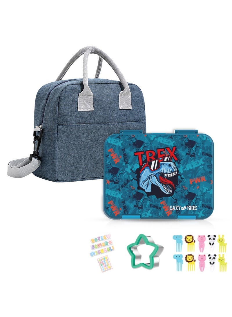 6 And 4 Convertible Compartment Bento Lunch Box With Lunch Bag And Sandwich Cutter Set - TREX Blue