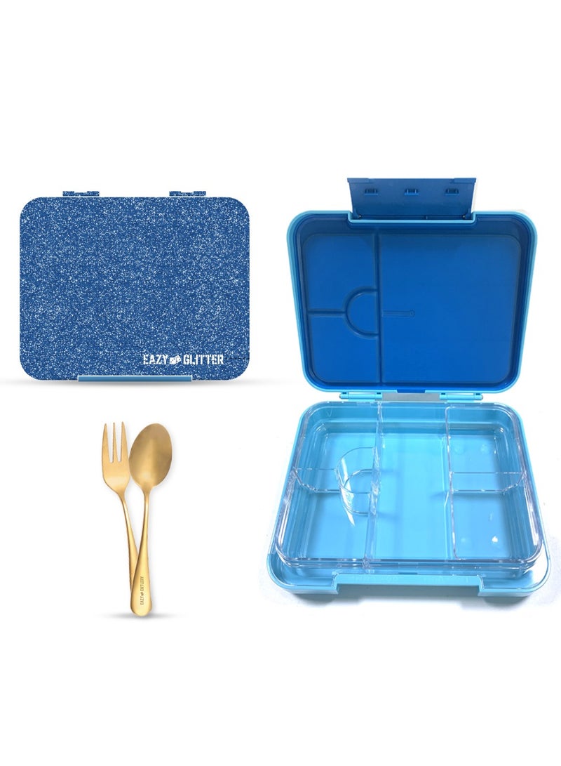 6 And 4 Convertible Compartment Bento Lunch Box With Lunch Bag And Spoon Fork Set - Glitter Blue