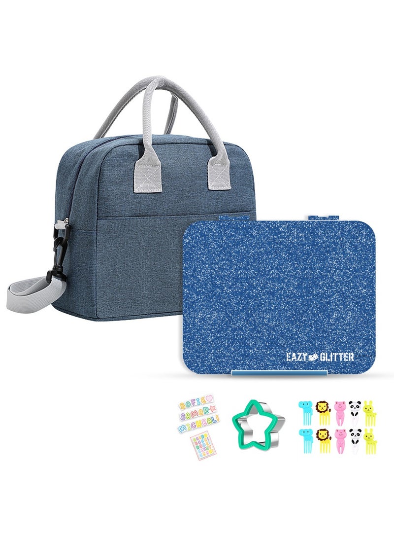 6 And 4 Convertible Compartment Bento Lunch Box With Lunch Bag And Spoon Fork Set - Glitter Blue