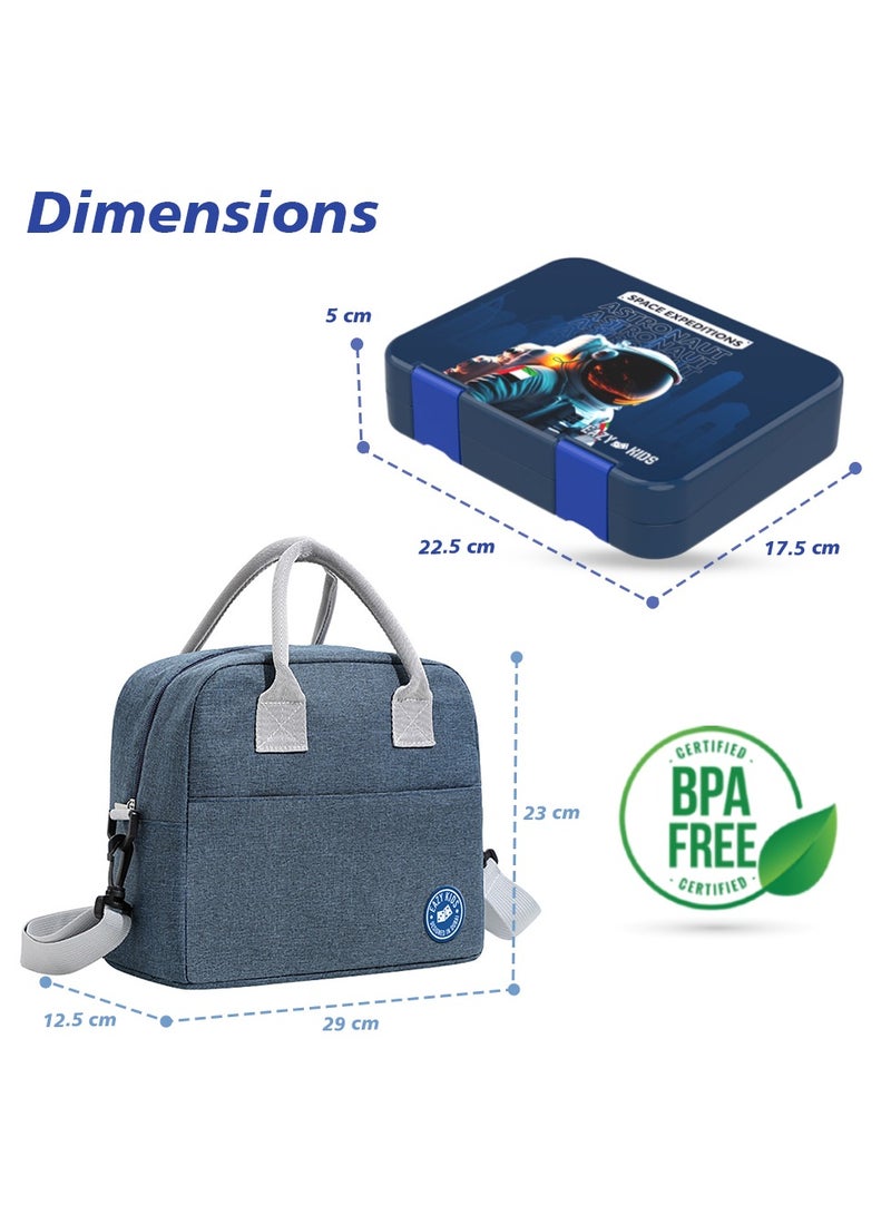 4 And 6 Convertible Compartment Bento Lunch Box With Lunch Bag And Sandwich Cutter Set - Space UAE Blue