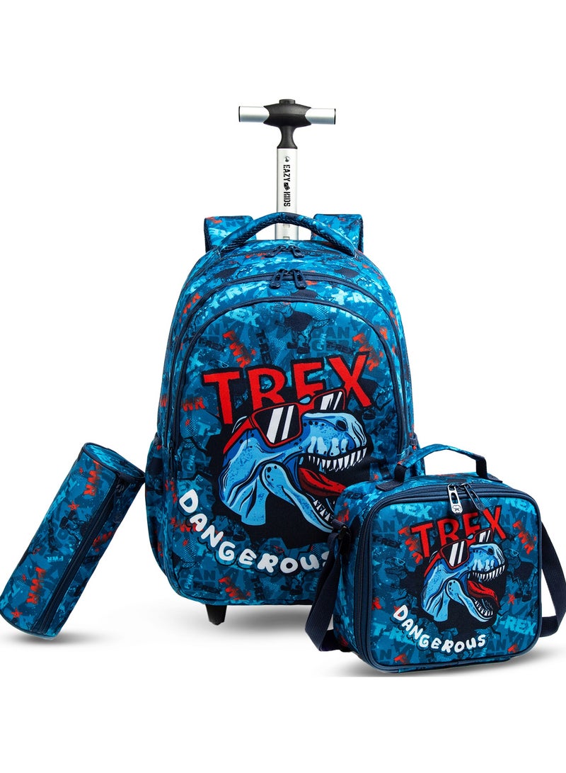 18 Inch Set Of 4 Trolley School Bag With Tritan Water Bottle 420ML, Lunch Bag And Pencil Case - TREX Dinosaur - Blue