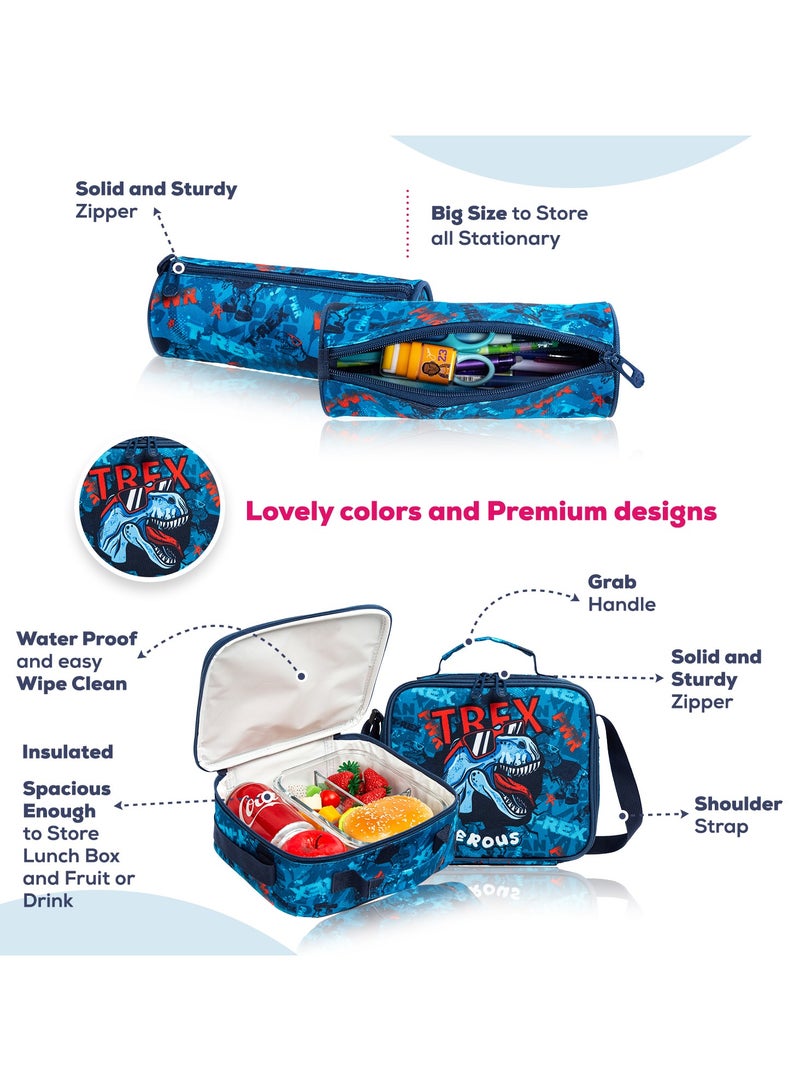 18 Inch Set Of 4 Trolley School Bag With Tritan Water Bottle 420ML, Lunch Bag And Pencil Case - TREX Dinosaur - Blue