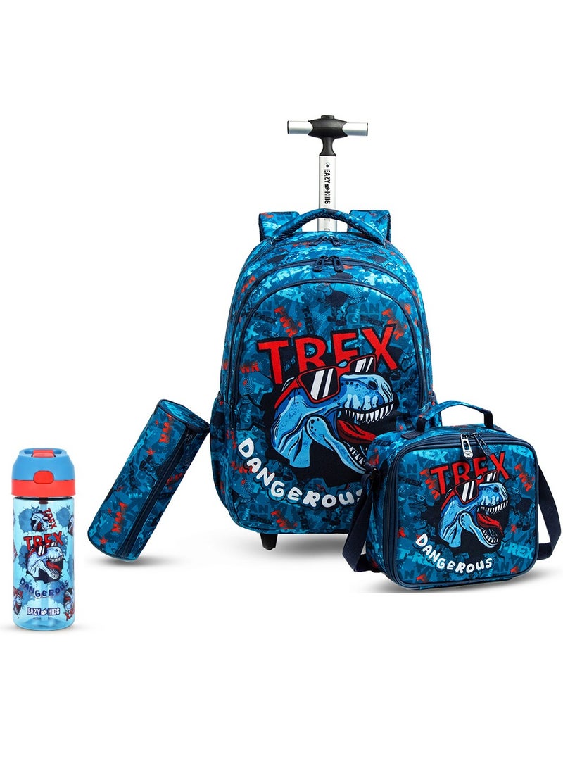 18 Inch Set Of 4 Trolley School Bag With Tritan Water Bottle 420ML, Lunch Bag And Pencil Case - TREX Dinosaur - Blue