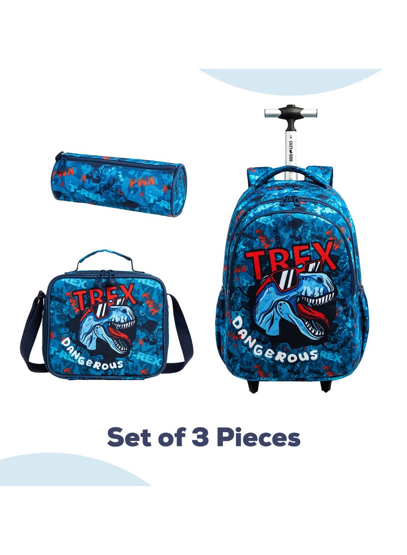 18 Inch Set Of 4 Trolley School Bag With Tritan Water Bottle 420ML, Lunch Bag And Pencil Case - TREX Dinosaur - Blue