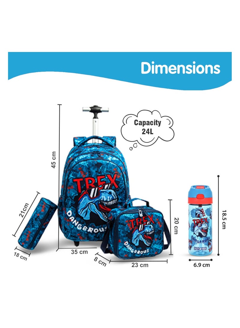 18 Inch Set Of 4 Trolley School Bag With Tritan Water Bottle 420ML, Lunch Bag And Pencil Case - TREX Dinosaur - Blue