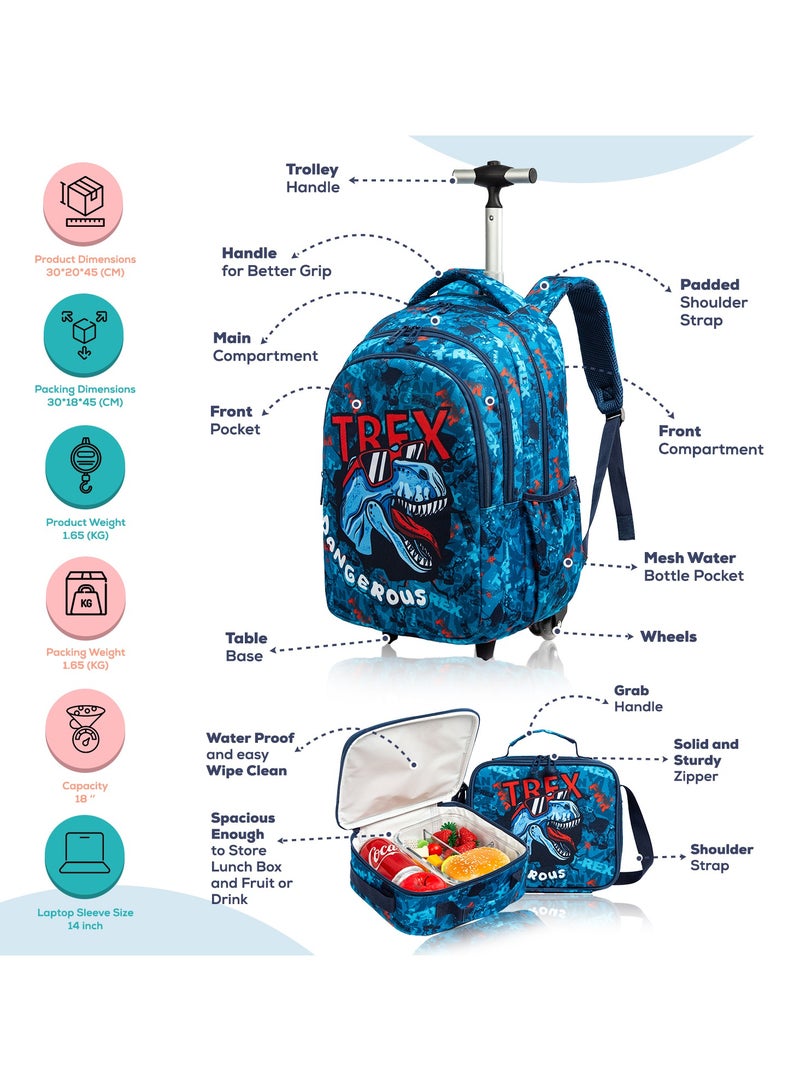 18 Inch Set Of 4 Trolley School Bag With Tritan Water Bottle 420ML, Lunch Bag And Pencil Case - TREX Dinosaur - Blue