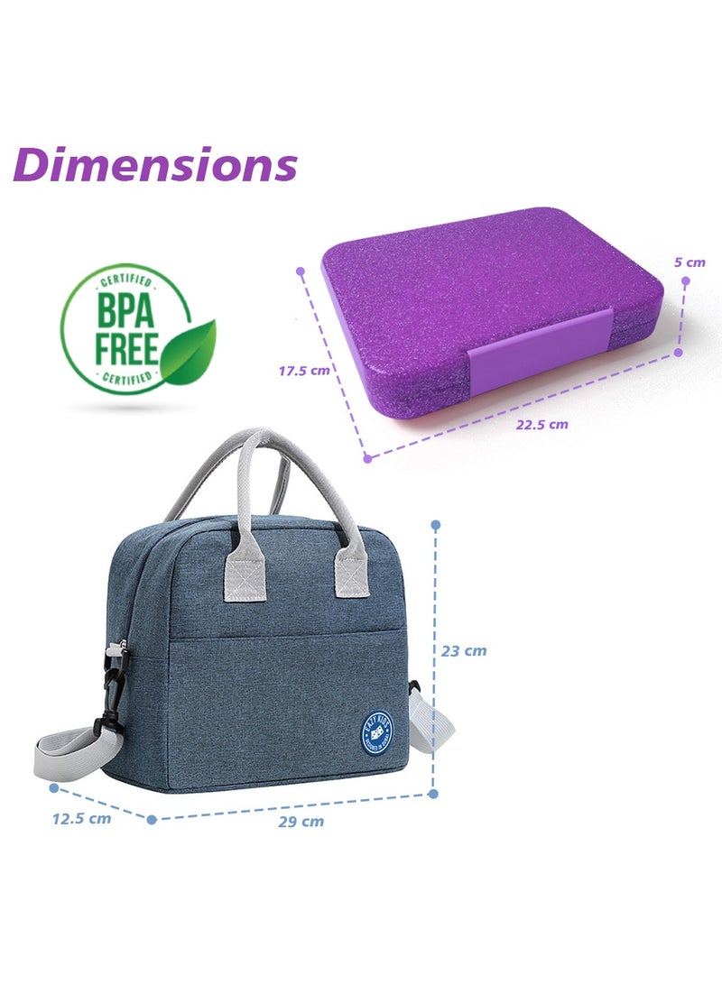 6 And 4 Convertible Compartment Bento Lunch Box With Lunch Bag And Spoon Fork Set - Glitter Purple