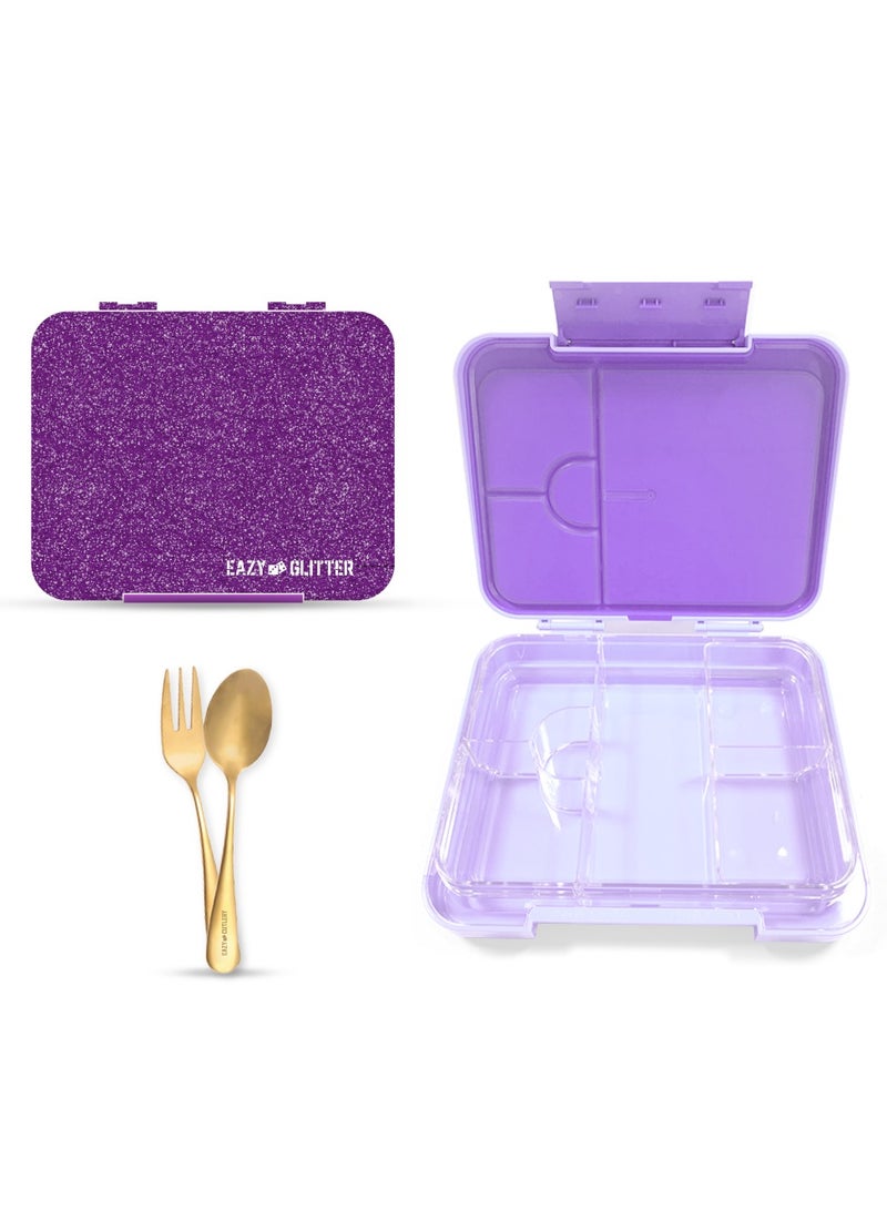 6 And 4 Convertible Compartment Bento Lunch Box With Lunch Bag And Spoon Fork Set - Glitter Purple