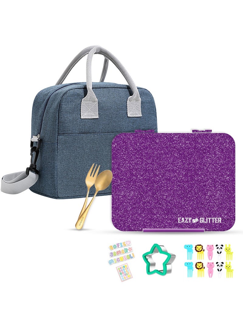 6 And 4 Convertible Compartment Bento Lunch Box With Lunch Bag And Spoon Fork Set - Glitter Purple