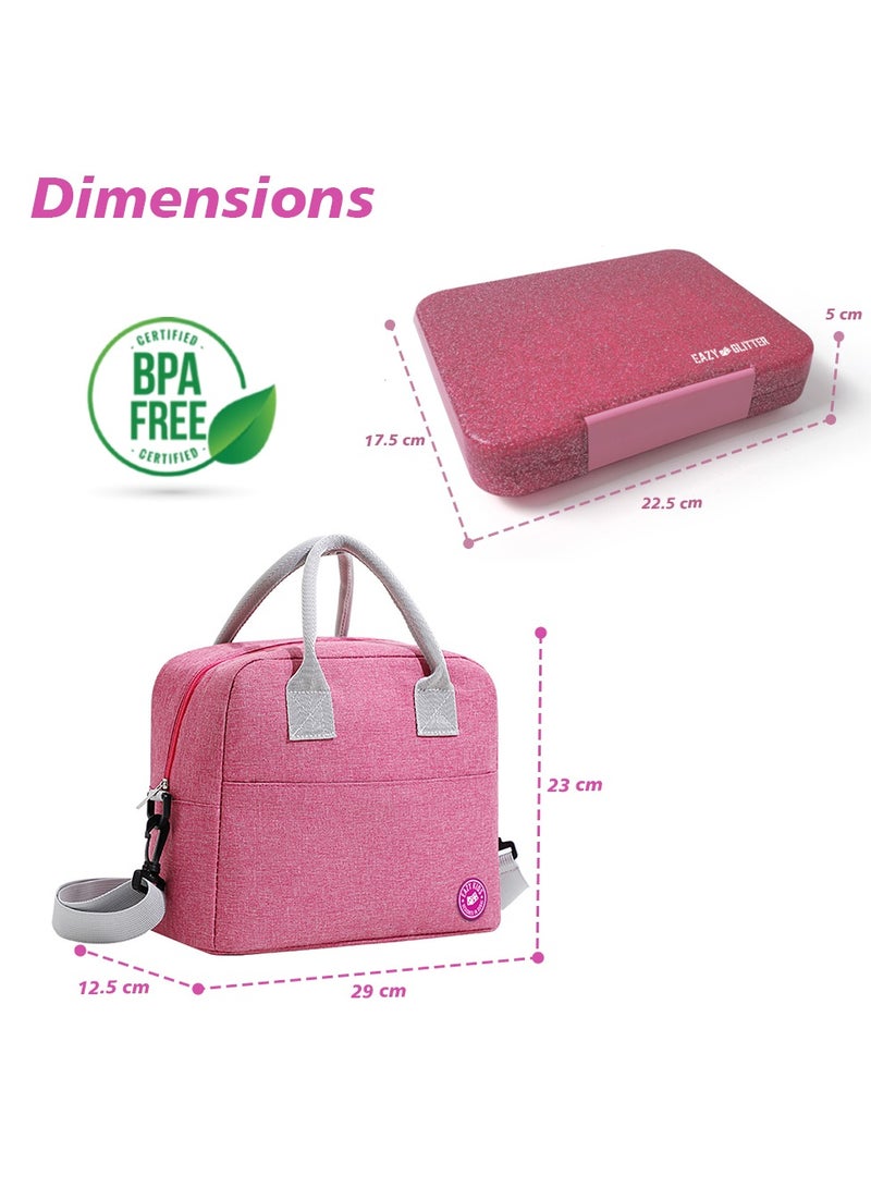 6 And 4 Convertible Bento Lunch Box With Lunch Bag, Spoon And Fork Set - Glitter Pink