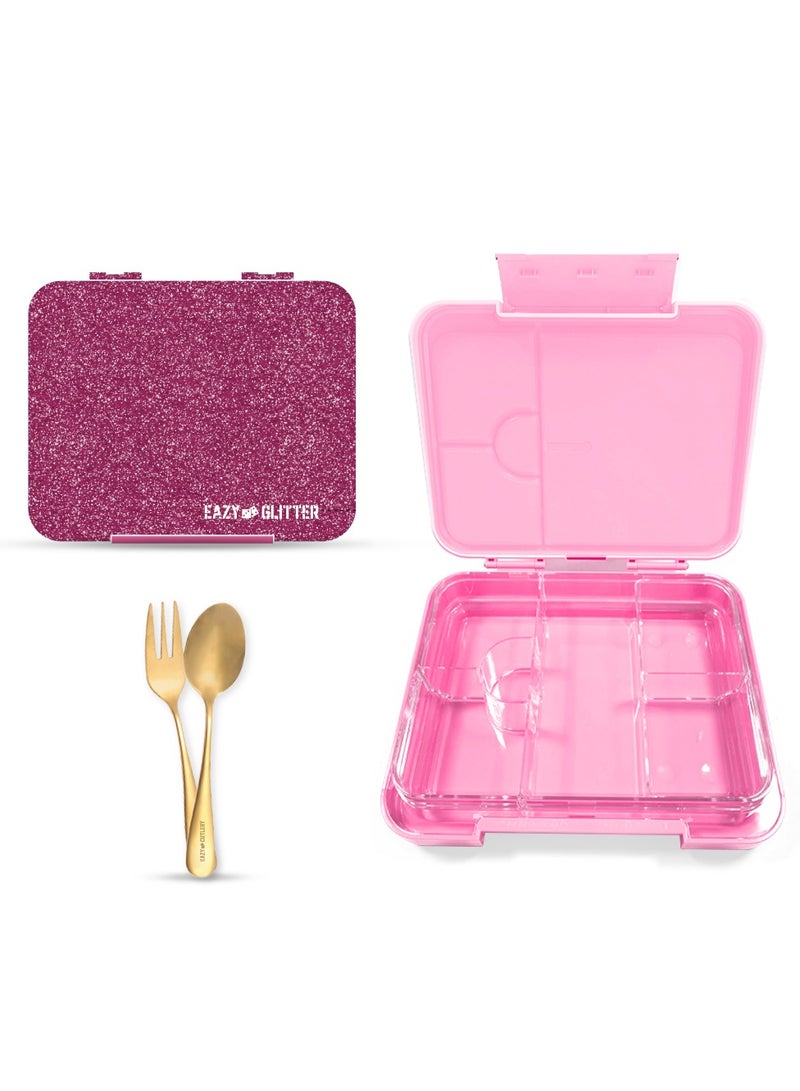 6 And 4 Convertible Bento Lunch Box With Lunch Bag, Spoon And Fork Set - Glitter Pink