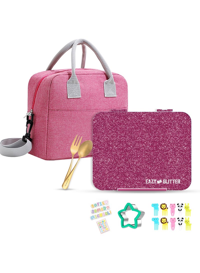 6 And 4 Convertible Bento Lunch Box With Lunch Bag, Spoon And Fork Set - Glitter Pink