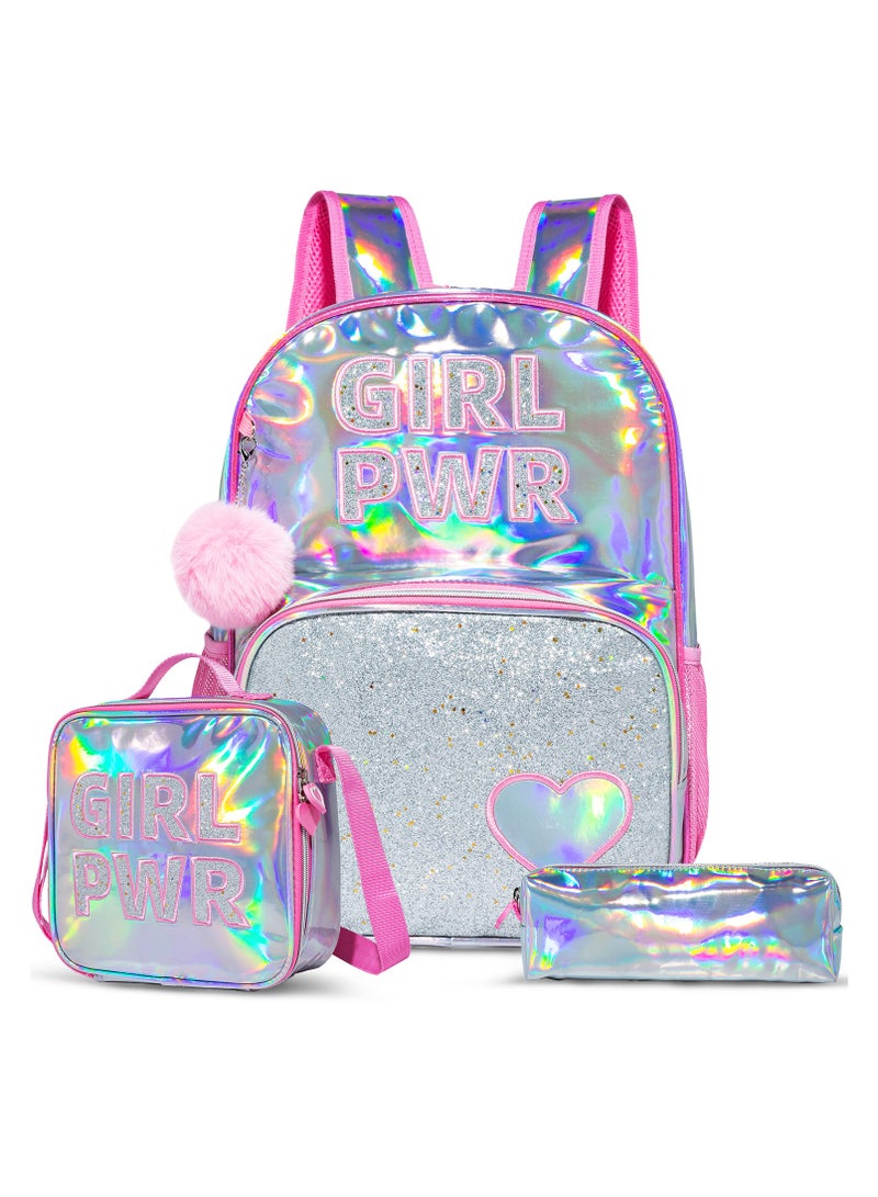 Set Of 4 18 Inches School Bag, Glitter Bento Box, Lunch Bag, Pencil Case - Girl Power - Pink