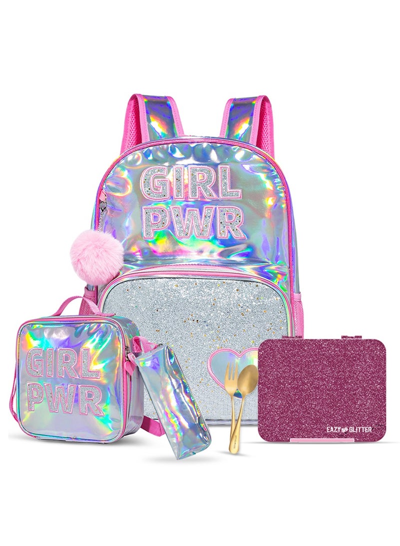 Set Of 4 18 Inches School Bag, Glitter Bento Box, Lunch Bag, Pencil Case - Girl Power - Pink