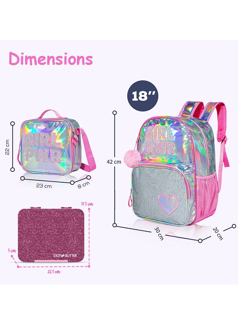 Set Of 4 18 Inches School Bag, Glitter Bento Box, Lunch Bag, Pencil Case - Girl Power - Pink