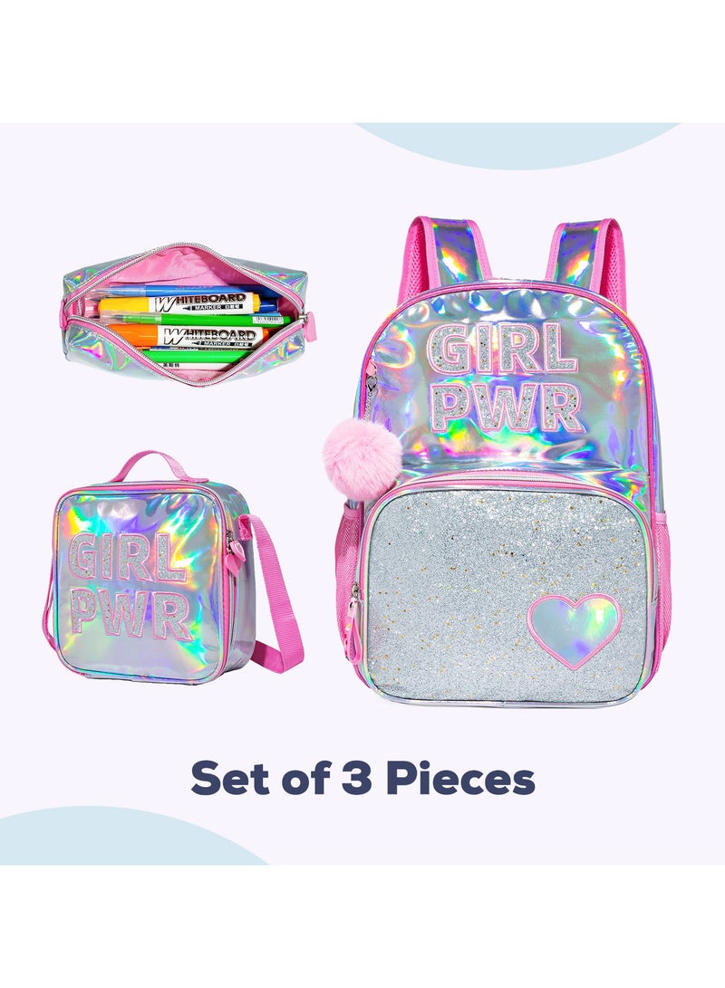 Set Of 4 18 Inches School Bag, Glitter Bento Box, Lunch Bag, Pencil Case - Girl Power - Pink