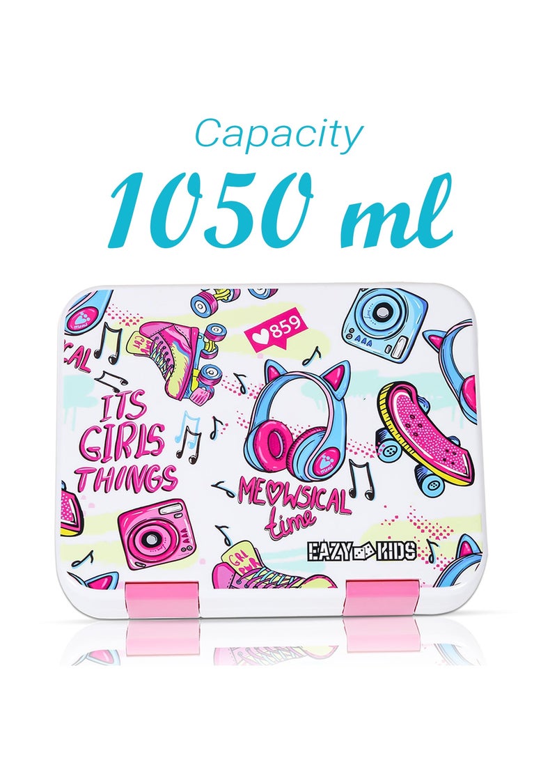 Eazy Kids 5 & 4 Convertible Bento Lunch Box with 550ml Double Wall Water Bottle and Spoon Fork Set - It's Girl Thing Pink