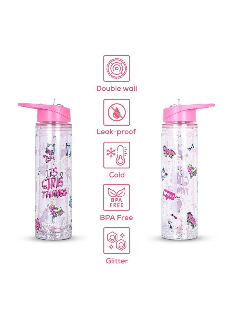 Eazy Kids 5 & 4 Convertible Bento Lunch Box with 550ml Double Wall Water Bottle and Spoon Fork Set - It's Girl Thing Pink