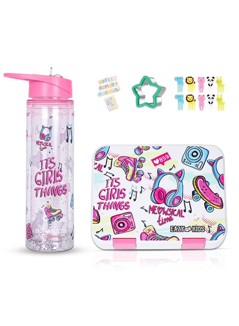 Eazy Kids 5 & 4 Convertible Bento Lunch Box with 550ml Double Wall Water Bottle and Spoon Fork Set - It's Girl Thing Pink