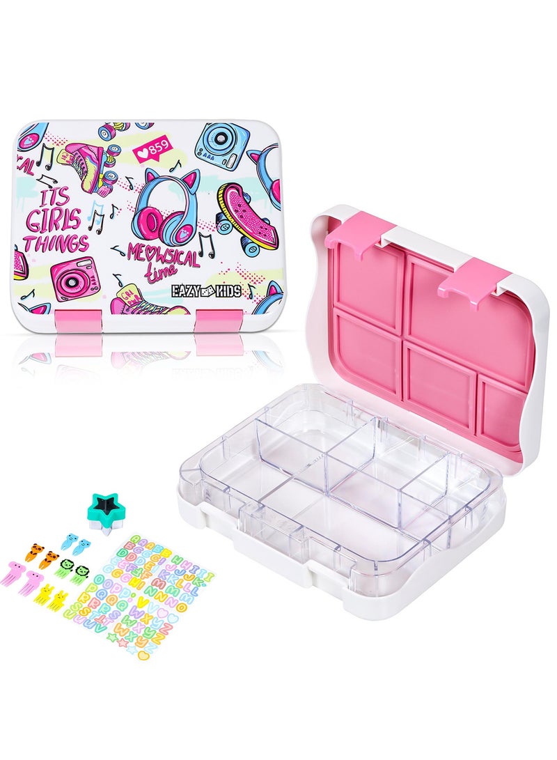 Eazy Kids 5 & 4 Convertible Bento Lunch Box with 550ml Double Wall Water Bottle and Spoon Fork Set - It's Girl Thing Pink